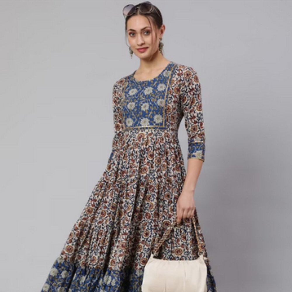 Floral Printed Embellished Detail Maxi Ethnic Dress